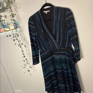 Studio one brand teal striped surplice flare dress